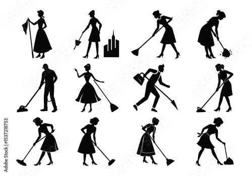 Silhouettes of People Cleaning – Women and Men with Mops, Brooms, and Vacuum Cleaners with Vector collection on white background



