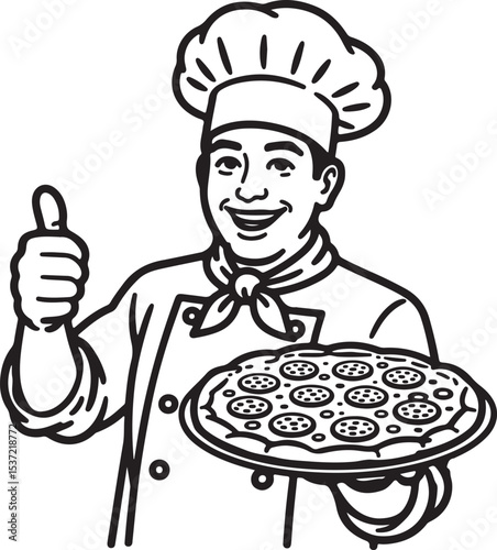 Smiling Male Pizza Chef Holding Pizza and Giving Thumbs Up