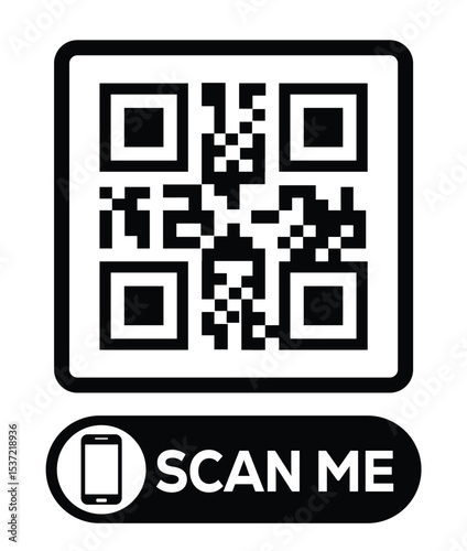 Centered black and white QR code grid on pure white background. Minimalist overhead view. Below, a centered "SCAN ME" button with smartphone icon. Clean, functional design for easy scanning.
