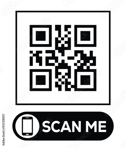 Centered black and white QR code grid on pure white background. Minimalist overhead view. Below, a centered "SCAN ME" button with smartphone icon. Clean, functional design for easy scanning.