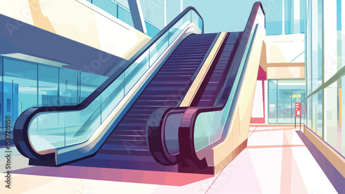 The image is a digitally rendered illustration depicting a pair of modern escalators within a bright, spacious shopping mall interior. The escalators are centrally positioned, with a curved