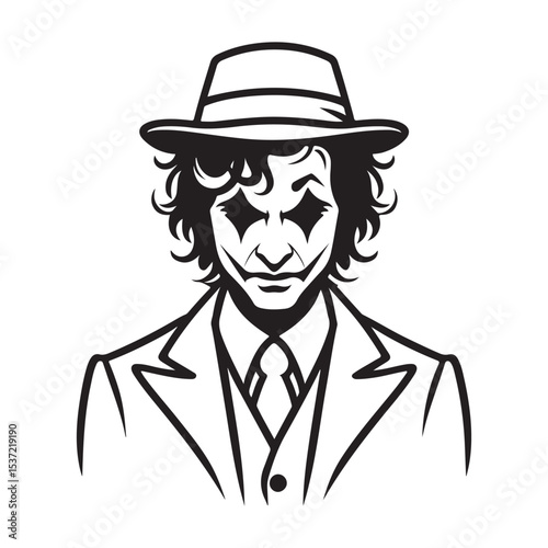 Sinister Joker Portrait Wearing Suit Hat Silhouette Illustration Design
