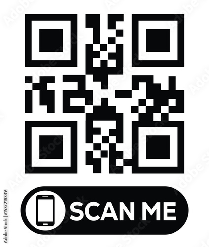 Centered black and white QR code grid on pure white background. Minimalist overhead view. Below, a centered "SCAN ME" button with smartphone icon. Clean, functional design for easy scanning.