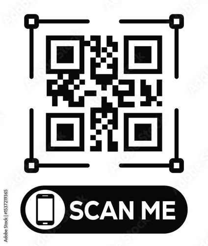 Centered black and white QR code grid on pure white background. Minimalist overhead view. Below, a centered "SCAN ME" button with smartphone icon. Clean, functional design for easy scanning.