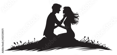 Silhouette art of romantic couple in nature, a tender embrace
