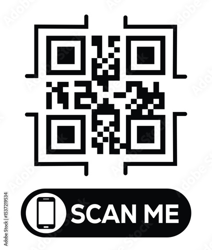 Centered black and white QR code grid on pure white background. Minimalist overhead view. Below, a centered "SCAN ME" button with smartphone icon. Clean, functional design for easy scanning.