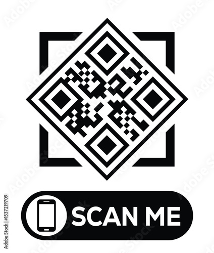 Centered black and white QR code grid on pure white background. Minimalist overhead view. Below, a centered "SCAN ME" button with smartphone icon. Clean, functional design for easy scanning.