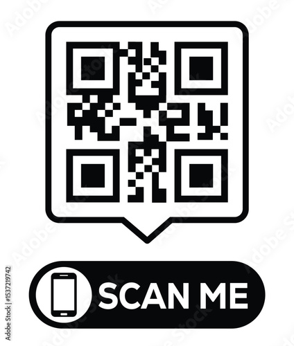 Centered black and white QR code grid on pure white background. Minimalist overhead view. Below, a centered "SCAN ME" button with smartphone icon. Clean, functional design for easy scanning.