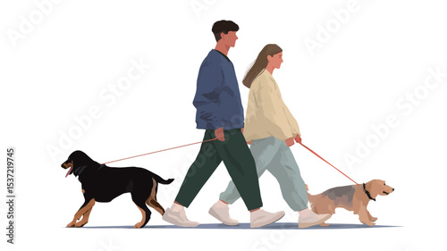 Digital illustration depicting a young couple walking two small to medium-sized dogs on leashes. The style is minimalist and contemporary, featuring flat colors and simple lines. The background is