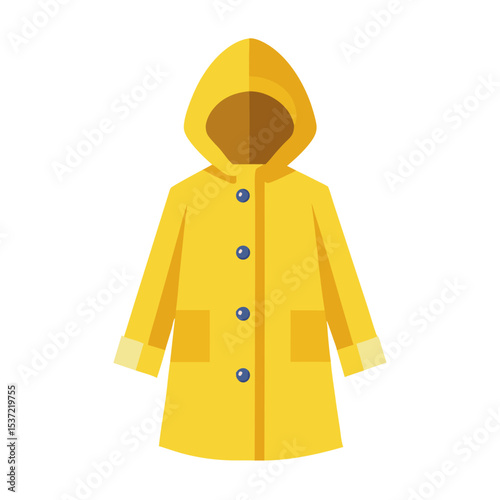 a bright yellow raincoat with a hood, blue buttons, and front pockets, designed for wet weather protection.