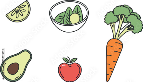 Healthy Food Colorful Icon Pack. Flat Organic Food Vector Collection. Clean Fruit and Vegetable Design Set. Modern Nutrition Icons. Fresh Healthy Food Illustration Elements