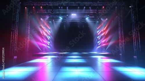 Colorful stage lighting setup with vibrant beams and reflective floor