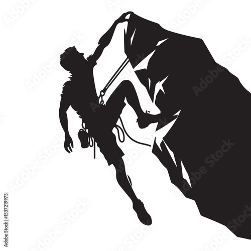 Adventurous Rock Climber Silhouette Conquering Mountain Cliff with Determination