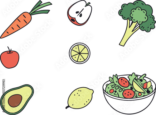 Healthy Food Colorful Icon Pack. Flat Organic Food Vector Collection. Clean Fruit and Vegetable Design Set. Modern Nutrition Icons. Fresh Healthy Food Illustration Elements