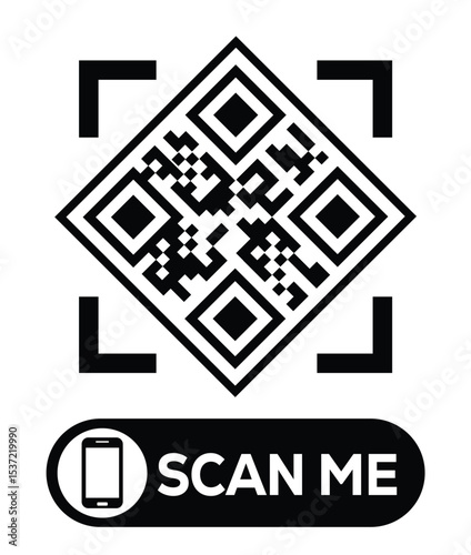 Centered black and white QR code grid on pure white background. Minimalist overhead view. Below, a centered "SCAN ME" button with smartphone icon. Clean, functional design for easy scanning.