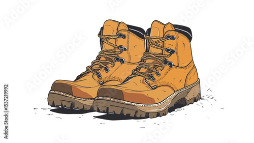 A digital illustration depicting a pair of yellow work boots. The boots are depicted from a slightly elevated angle, showing both boots positioned side-by-side.  They appear to be made of leather