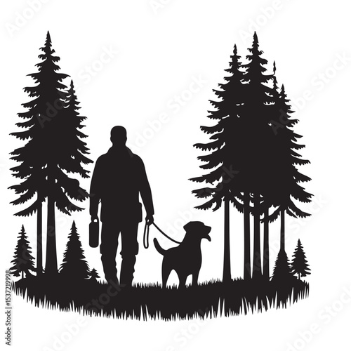 Serene Silhouette of Man Walking Dog in Forest Landscape