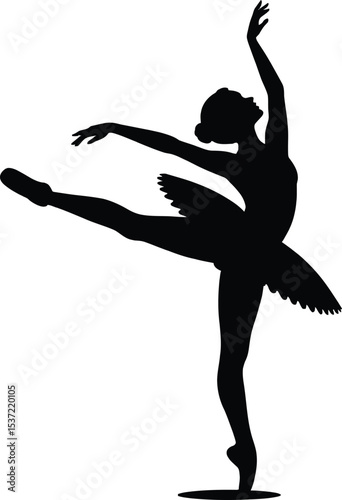 Silhouette of a ballerina in a tutu performing an arabesque with arms gracefully extended upward
