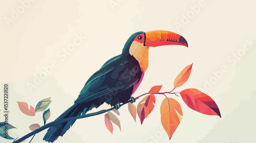 A stylized illustration of a toucan perched on a branch with autumn-colored leaves. The toucan is depicted in vibrant blues, blacks, and oranges, with a large, prominent beak. The leaves are