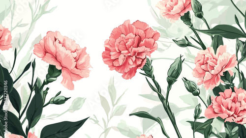 A digital illustration depicting a seamless pattern of pink carnation flowers and green leaves on a white background. The style is botanical and painterly, with soft shading and subtle color