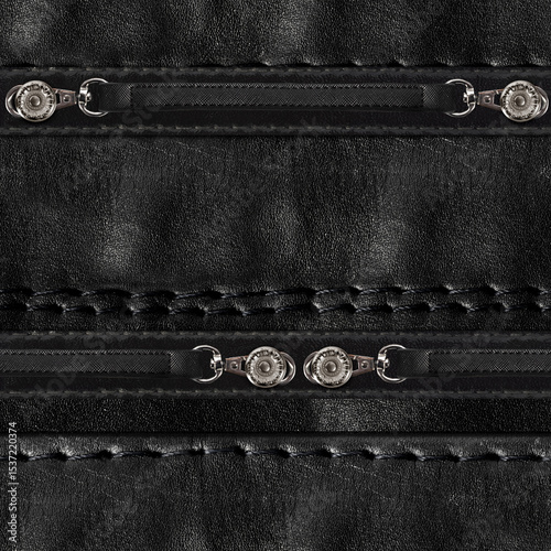 Seamless 4k photo texture material of black leather strap surface with harness inserts.