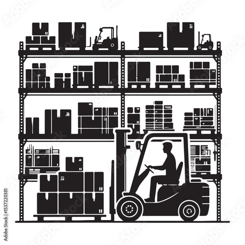 Warehouse Silhouette Illustration Forklift Delivering Goods and Packages
