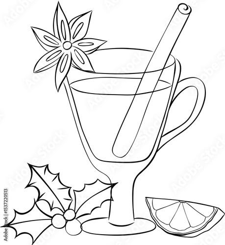 Mulled wine black and white composition isolated. Vector graphic line ink illustration. Silhouette sign for logo, print, comics, fashion, pop art, boards, design, stickers, decoration, posters