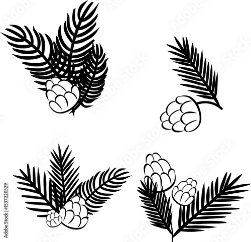 Pine tree branches with pine cones black and white set composition isolated. Vector graphic line ink illustration. For poster, flyer, banner, invitation, social media, party or sale