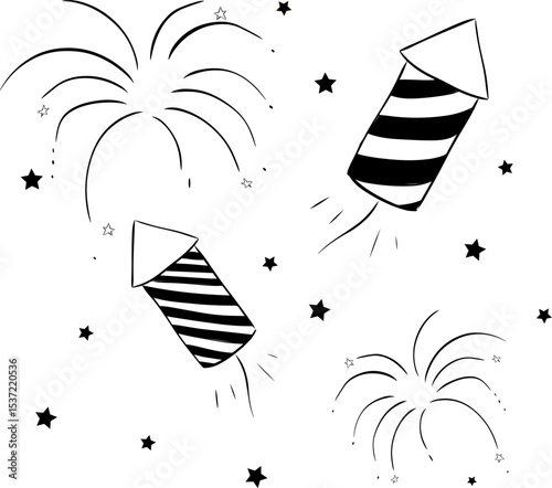 Fireworks rocket composition black and white isolated. Vector graphic line ink illustration. Silhouette sign for logo, print, comics, fashion, pop art, boards, design, stickers, decoration, posters