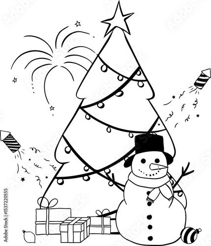 Christmas composition black and white isolated. Vector graphic line ink illustration. Xmas Festive background with realistic objects. Greeting card, banner, web poster. vector illustration