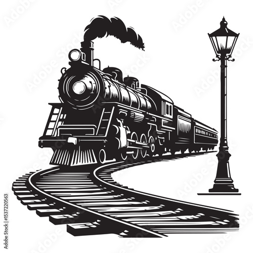 Vintage Train Locomotive Graphic Vector Illustration with Tracks