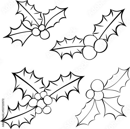 Christmas Holly Berries Plant black and white composition isolated. Vector graphic line ink illustration. Mistletoe With Small Plant Behind For Decoration. For logo, web, package, sticker.