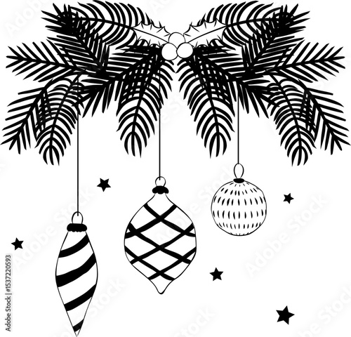 Christmas tree branch decorated with toys black and white composition isolated. Vector graphic line ink illustration. illustration for package, holiday design, fabric and textile.