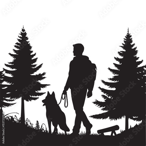 Man Walking Dog in Forest Silhouette Vector Illustration