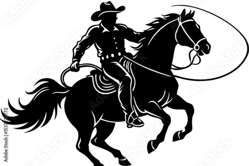 Silhouette of Cowboy Riding Horse, Lasso Twirling - Wild West Vector Art