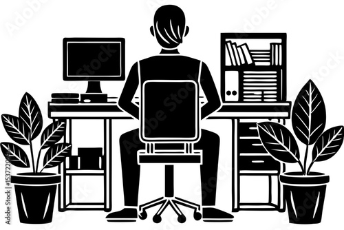 Focused Professional Working at Desk with Plants, Computer, and Books Productivity and Office Space