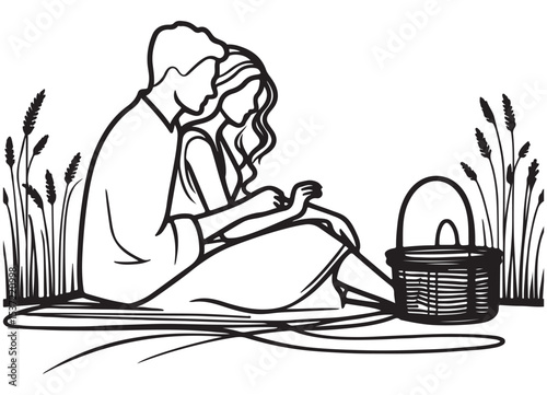 Couple at picnic illustration, romance, outdoor, relaxation, happiness graphic