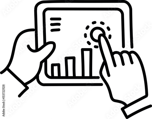 Illustration of hands on digital tablet showing data analytics and business intelligence dashboard for data analysis vector