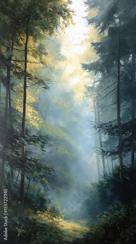 Misty Forest Pathway with Sunlight Filtering Through Trees