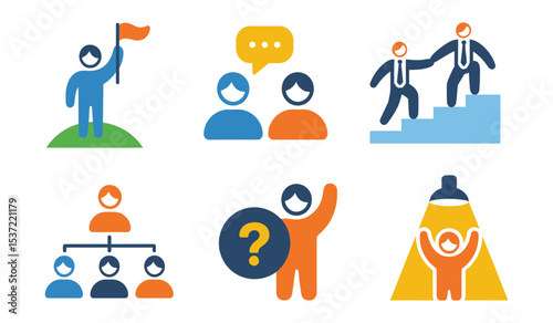 Flat vector icons set of leadership and management concepts including leadership flag, mentor speech bubble, growth ladder, management team, team delegation chart, decision-making badge, and team buil