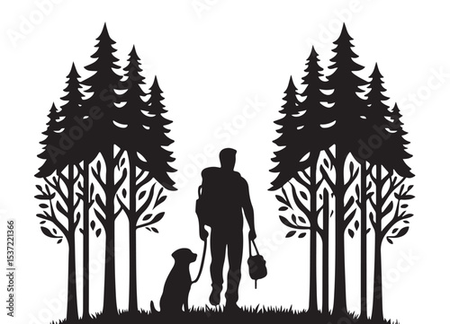 Man Hiking With Dog Silhouette Through Evergreen Trees Forest Adventure