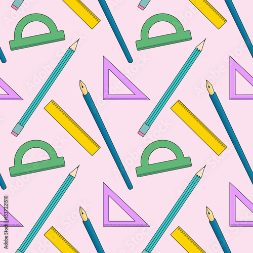 Seamless pattern with rulers, pencils, protractors, fountain pens and triangles on pink background. For back to school theme, school supplies or stationery design, textile print, and wrapping paper.