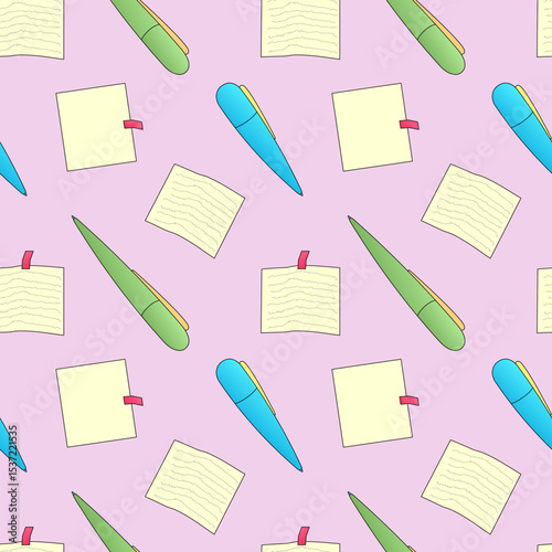 Seamless pattern with vector illustration of ballpoint pens and notepapers on pastel pink background. For back to school theme, school supplies or stationery design, textile print, and wrapping paper.