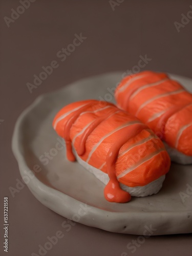Sushi covered in ketchup on white plate