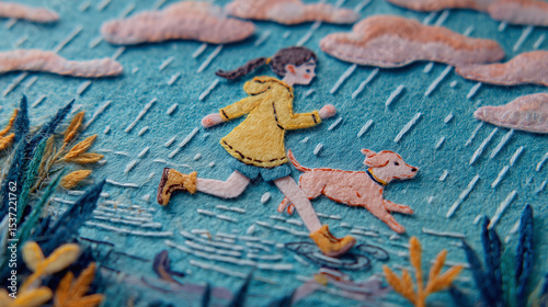 フェルト作品：雨の中を駆け抜ける少女と犬の物語