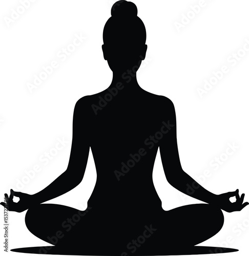 Silhouette of a woman in a lotus position meditating with hands in mudra on a white background