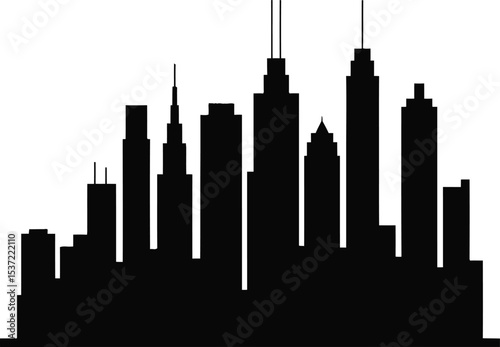 A silhouette of a city skyline with various buildings against a white background in a simple design