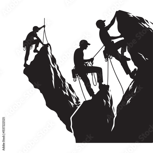 Climbers Silhouette Ascending Rocky Mountain Peak Outdoor Adventure Illustration