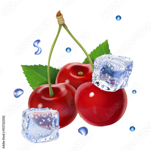 Cherry with ice cube. 3d frozen transparent water cubes and red cherries vector isolated on white