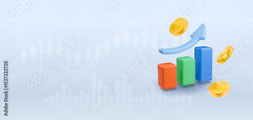 3d render chart arrow and flying coins. Stock arrow up growth icon. Investment and financial analysis concept with copy space. Business graph vector illustration